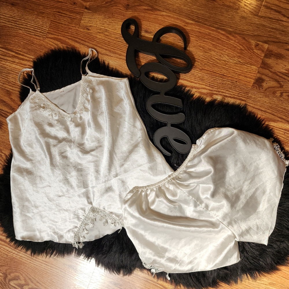 Vintage Elegant Ivory White Lace Trim Lingerie Sleepwear Set Women's Size XXL